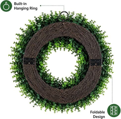 WHANLEY 24 Inch Boxwood Wreath for Front Door with Removable Wooden Welcome Sign, Artificial Greenery Wreath, UV Resistant Waterproof Outdoor Wreath for Spring Summer All Season Farmhouse Porch Decor in Saudi Arabia