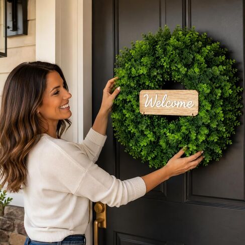 WHANLEY 24 Inch Boxwood Wreath for Front Door with Removable Wooden Welcome Sign, Artificial Greenery Wreath, UV Resistant Waterproof Outdoor Wreath for Spring Summer All Season Farmhouse Porch Decor in Saudi Arabia