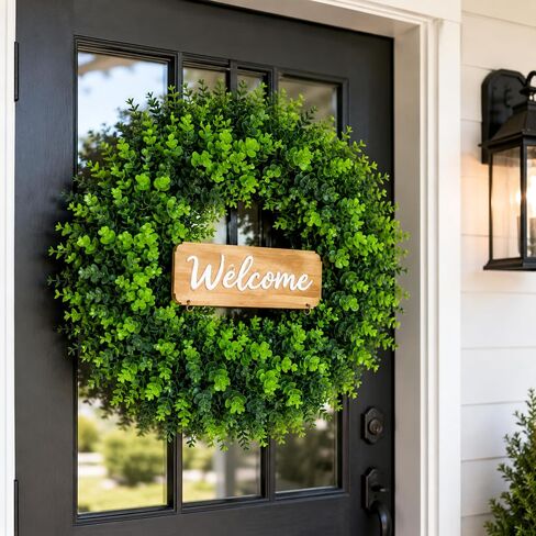 WHANLEY 24 Inch Boxwood Wreath for Front Door with Removable Wooden Welcome Sign, Artificial Greenery Wreath, UV Resistant Waterproof Outdoor Wreath for Spring Summer All Season Farmhouse Porch Decor in Saudi Arabia
