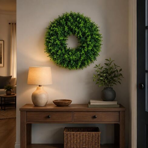 WHANLEY 24 Inch Boxwood Wreath for Front Door with Removable Wooden Welcome Sign, Artificial Greenery Wreath, UV Resistant Waterproof Outdoor Wreath for Spring Summer All Season Farmhouse Porch Decor in Saudi Arabia