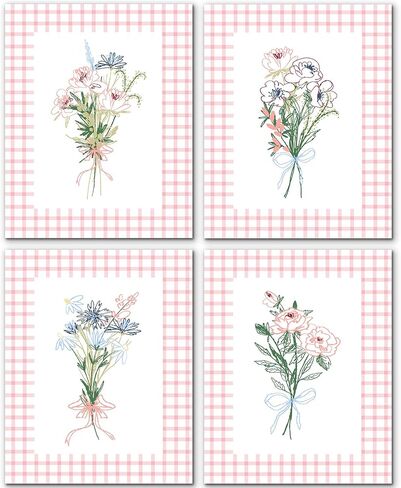JINYO Coquette Pink Bow Floral Wall Art Prints Set of 4, Floral Room Decor, Preppy Pink and White Striped Flower Posters Pictures Wall Decor for Girls Room Bedroom Dorm Home, 8x10 Unframed in Saudi Arabia