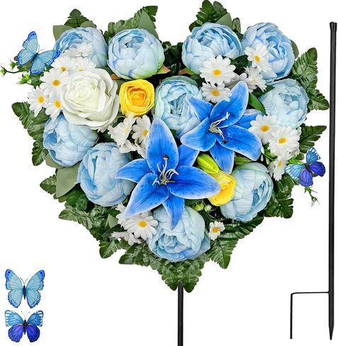 Artificial Cemetery Flowers, Grave Memorial Flowers with Ground Spike,Heart Shaped Wreaths of Peony Lily Rose Daisy for Gravesites Decoration（Blue/White in Saudi Arabia