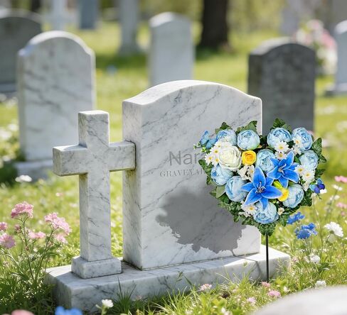Artificial Cemetery Flowers, Grave Memorial Flowers with Ground Spike,Heart Shaped Wreaths of Peony Lily Rose Daisy for Gravesites Decoration（Blue/White in Saudi Arabia