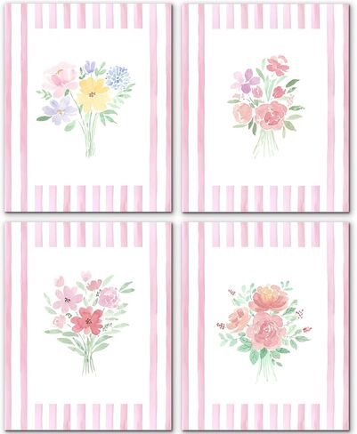 JINYO Coquette Pink Bow Floral Wall Art Prints Set of 4, Floral Room Decor, Preppy Pink and White Striped Flower Posters Pictures Wall Decor for Girls Room Bedroom Dorm Home, 8x10 Unframed in Saudi Arabia