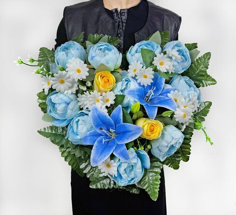 Artificial Cemetery Flowers, Grave Memorial Flowers with Ground Spike,Heart Shaped Wreaths of Peony Lily Rose Daisy for Gravesites Decoration（Blue/White in Saudi Arabia