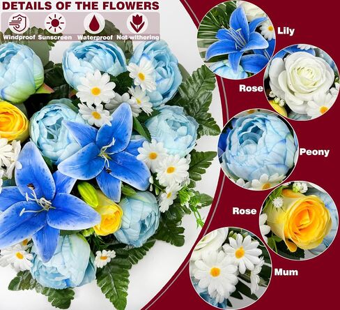 Artificial Cemetery Flowers, Grave Memorial Flowers with Ground Spike,Heart Shaped Wreaths of Peony Lily Rose Daisy for Gravesites Decoration（Blue/White in Saudi Arabia