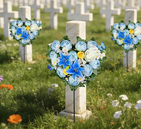 Artificial Cemetery Flowers, Grave Memorial Flowers with Ground Spike,Heart Shaped Wreaths of Peony Lily Rose Daisy for Gravesites Decoration（Blue/White in Saudi Arabia