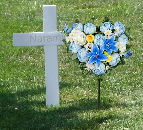 Artificial Cemetery Flowers, Grave Memorial Flowers with Ground Spike,Heart Shaped Wreaths of Peony Lily Rose Daisy for Gravesites Decoration（Blue/White in Saudi Arabia