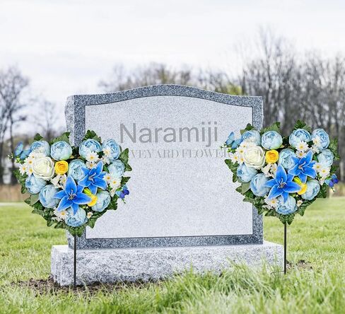 Artificial Cemetery Flowers, Grave Memorial Flowers with Ground Spike,Heart Shaped Wreaths of Peony Lily Rose Daisy for Gravesites Decoration（Blue/White in Saudi Arabia