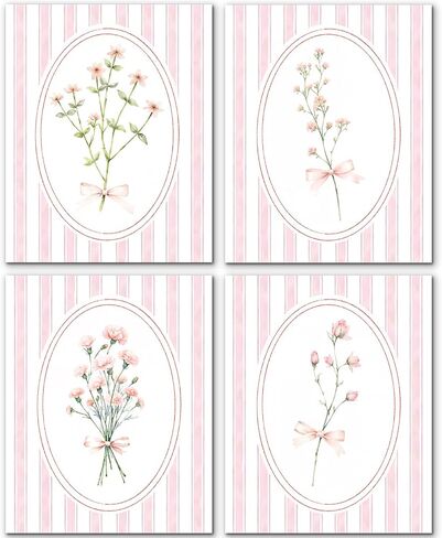 JINYO Coquette Pink Bow Floral Wall Art Prints Set of 4, Floral Room Decor, Preppy Pink and White Striped Flower Posters Pictures Wall Decor for Girls Room Bedroom Dorm Home, 8x10 Unframed in Saudi Arabia