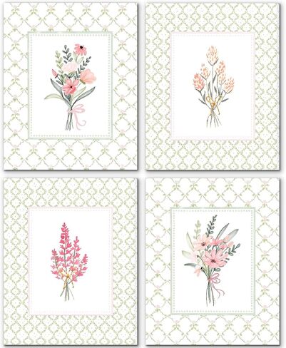 JINYO Coquette Pink Bow Floral Wall Art Prints Set of 4, Floral Room Decor, Preppy Pink and White Striped Flower Posters Pictures Wall Decor for Girls Room Bedroom Dorm Home, 8x10 Unframed in Saudi Arabia