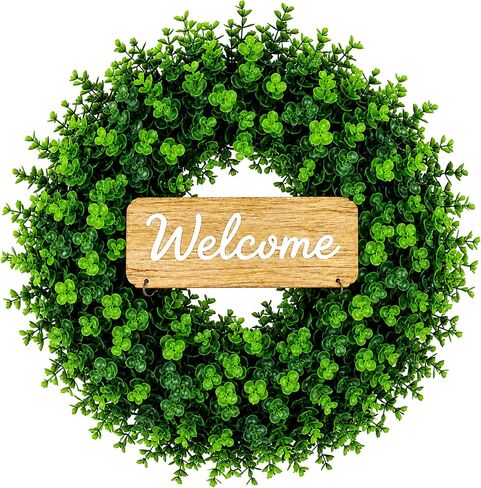 WHANLEY 24 Inch Boxwood Wreath for Front Door with Removable Wooden Welcome Sign, Artificial Greenery Wreath, UV Resistant Waterproof Outdoor Wreath for Spring Summer All Season Farmhouse Porch Decor in Saudi Arabia