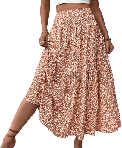 Women's Skirts Women's Summer Comfy Tiered Elastic High Waisted Long Skirt Casual Floral Printed A Line Midi Skirts in Kuwait
