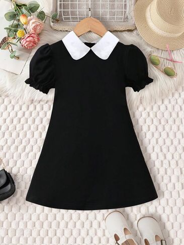 Girls Summer Dress White Collar Ruffle Short Sleeve Casual Hem A Line Dresses Fashion Swing Dress for Girl 4-7 Years in Saudi Arabia