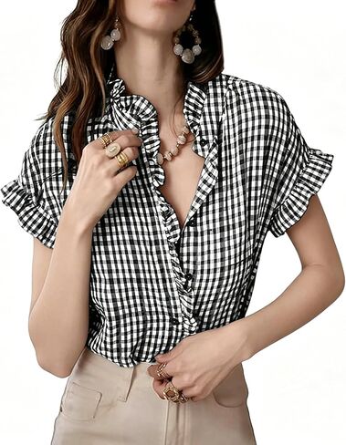 Women Plaid Ruffle Shirt Short Sleeve Button Down Top V Neck Loose Fit Summer Casual Gingham Work Blouses in Saudi Arabia