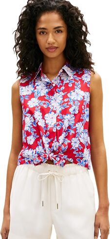Tommy Hilfiger Women's Lightweight Cotton Sleeveless Button Down Shirt with Front Tie Blouse in Kuwait