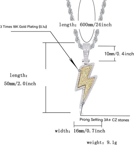 Hip Hop Lightning Bolt Design Pendant 18k Gold Plated Iced Out Cubic Zirconia Pendant Necklace with Micropave Simulated Diamond for Men Women (Two Colors) in Saudi Arabia