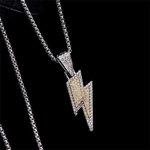 Hip Hop Lightning Bolt Design Pendant 18k Gold Plated Iced Out Cubic Zirconia Pendant Necklace with Micropave Simulated Diamond for Men Women (Two Colors) in Saudi Arabia