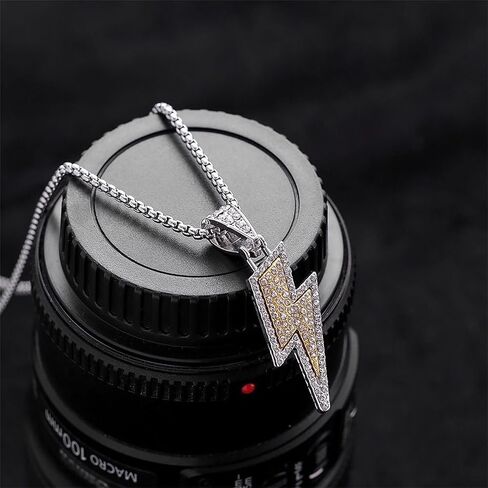 Hip Hop Lightning Bolt Design Pendant 18k Gold Plated Iced Out Cubic Zirconia Pendant Necklace with Micropave Simulated Diamond for Men Women (Two Colors) in Saudi Arabia