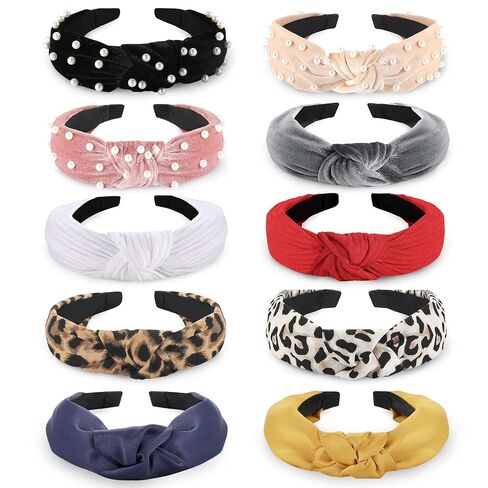 Funtopia Headbands for Women Girls, 10pcs Fashion Knotted Leopard Pearl Thin Headband for Women's Hair, Cute Trendy Decorative Hairbands Hair Accessories in Kuwait