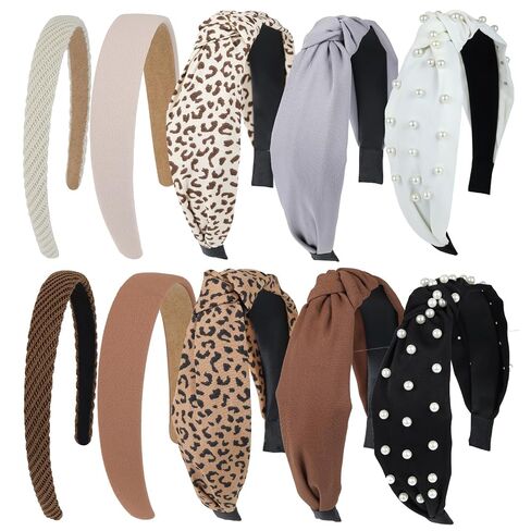 Funtopia Headbands for Women Girls, 10pcs Fashion Knotted Leopard Pearl Thin Headband for Women's Hair, Cute Trendy Decorative Hairbands Hair Accessories in Kuwait