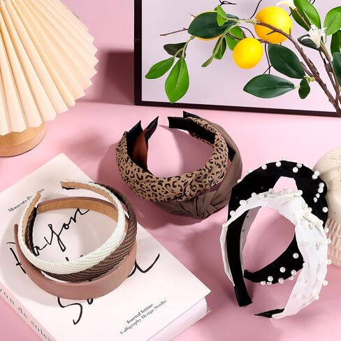 Funtopia Headbands for Women Girls, 10pcs Fashion Knotted Leopard Pearl Thin Headband for Women's Hair, Cute Trendy Decorative Hairbands Hair Accessories in Kuwait