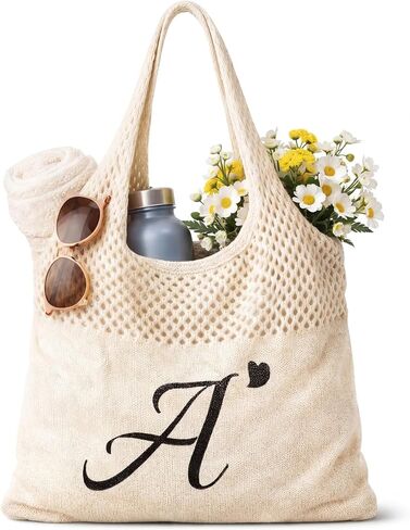Shinylin Personalized Crochet Tote Bag for Beach Women Beige Mesh Knit Shoulder Bag Boho Aesthetic Tote for Women in Kuwait