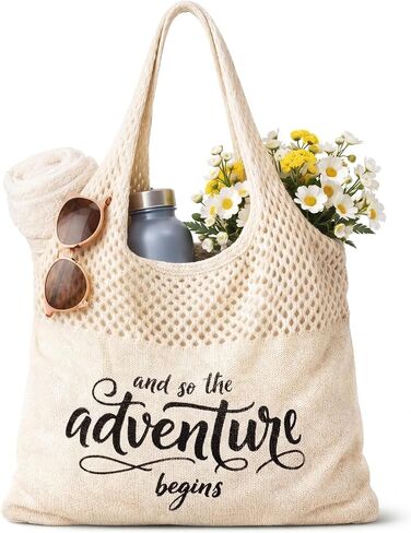 Shinylin Personalized Crochet Tote Bag for Beach Women Beige Mesh Knit Shoulder Bag Boho Aesthetic Tote for Women in Kuwait
