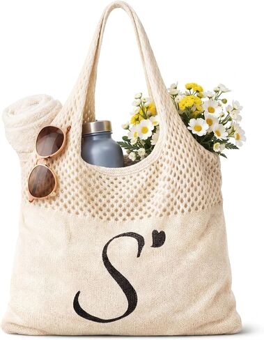 Shinylin Personalized Crochet Tote Bag for Beach Women Beige Mesh Knit Shoulder Bag Boho Aesthetic Tote for Women in Kuwait
