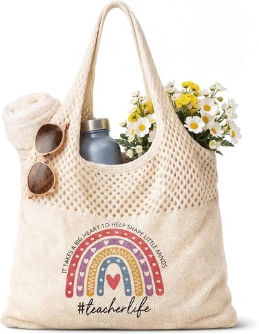 Shinylin Personalized Crochet Tote Bag for Beach Women Beige Mesh Knit Shoulder Bag Boho Aesthetic Tote for Women in Kuwait