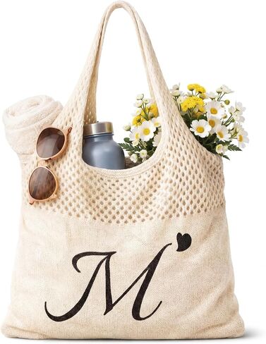 Shinylin Personalized Crochet Tote Bag for Beach Women Beige Mesh Knit Shoulder Bag Boho Aesthetic Tote for Women in Kuwait