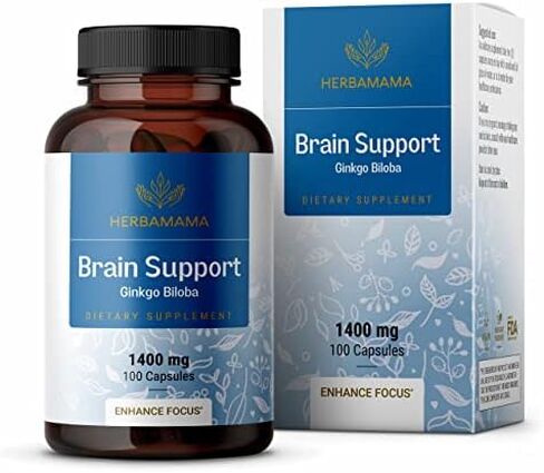 HERBAMAMA Brain Support Capsules - 1400 mg Brain Health Supplement with Ashwagandha, Panax Ginseng & Ginkgo Biloba - Vegan, Non-GMO - 100 Caps in Kuwait