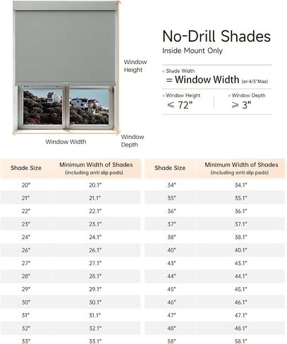 No Drill Blinds for Indoor Windows, Blackout Roller Shades, Cordless Thermal Insulated No Tools Easy Install Blinds for Bedroom Bathroom Home Office (Gray, 47" W x 72" H) in Saudi Arabia