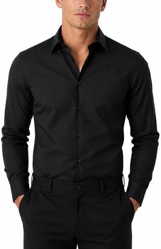 FAHIZO Men's Dress Shirt Casual Regular Fit Stretch Soild Long Sleeve Button Up Shirts in Kuwait