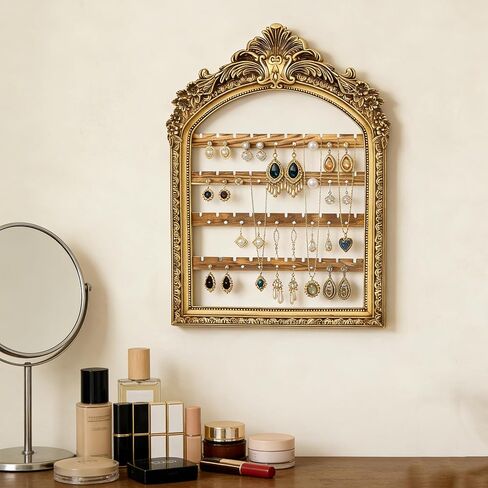 Large Hanging Earring Jewelry Organizers, 13 x 9.3 Inch 4 Layer Vintage Gold Arched Frame, Wall Mounted Jewelry Holder, Decorative Earring Organizer Display for Stud Earring Bracelet Necklace Ring in Saudi Arabia