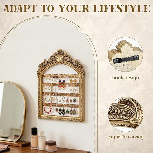 Large Hanging Earring Jewelry Organizers, 13 x 9.3 Inch 4 Layer Vintage Gold Arched Frame, Wall Mounted Jewelry Holder, Decorative Earring Organizer Display for Stud Earring Bracelet Necklace Ring in Saudi Arabia