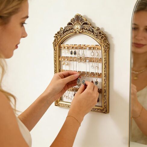 Large Hanging Earring Jewelry Organizers, 13 x 9.3 Inch 4 Layer Vintage Gold Arched Frame, Wall Mounted Jewelry Holder, Decorative Earring Organizer Display for Stud Earring Bracelet Necklace Ring in Saudi Arabia