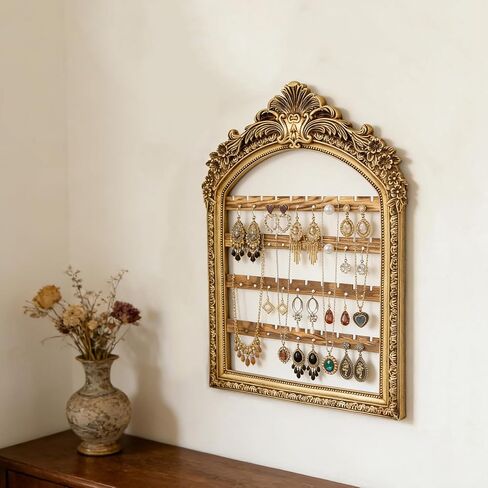 Large Hanging Earring Jewelry Organizers, 13 x 9.3 Inch 4 Layer Vintage Gold Arched Frame, Wall Mounted Jewelry Holder, Decorative Earring Organizer Display for Stud Earring Bracelet Necklace Ring in Saudi Arabia