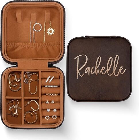 Personalized Leather Jewelry Box with Name, Custom Engraved Jewelry Organizer Case - Adjustable Compartments Jewelry Travel Case, Personalized Gifts for Women, Gifts for Mom, Her, Wife, Rustic in Saudi Arabia