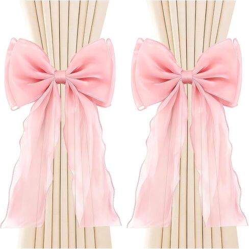 Zkptops 2 Pcs Pink Bow Curtain Tiebacks Elegant French Silky Lace Ribbon Bow Curtain Holdbacks Decorative Ties for Curtains Home Bedroom Office Dining Living Room Wedding Party Decor Accessories in Kuwait