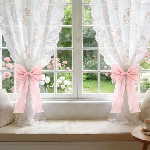 Zkptops 2 Pcs Pink Bow Curtain Tiebacks Elegant French Silky Lace Ribbon Bow Curtain Holdbacks Decorative Ties for Curtains Home Bedroom Office Dining Living Room Wedding Party Decor Accessories in Kuwait
