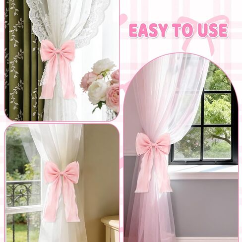 Zkptops 2 Pcs Pink Bow Curtain Tiebacks Elegant French Silky Lace Ribbon Bow Curtain Holdbacks Decorative Ties for Curtains Home Bedroom Office Dining Living Room Wedding Party Decor Accessories in Kuwait