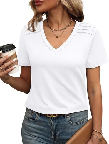 Womens Tops V Neck T Shirt Shoulder Pleated Blouse Business Clothes Fashion Outfits Spring Summer Essentials 2026 in Kuwait