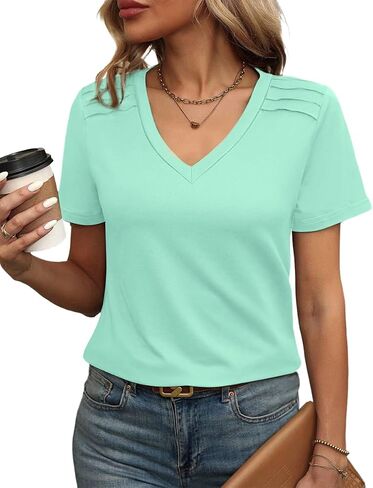 Womens Tops V Neck T Shirt Shoulder Pleated Blouse Business Clothes Fashion Outfits Spring Summer Essentials 2026 in Kuwait
