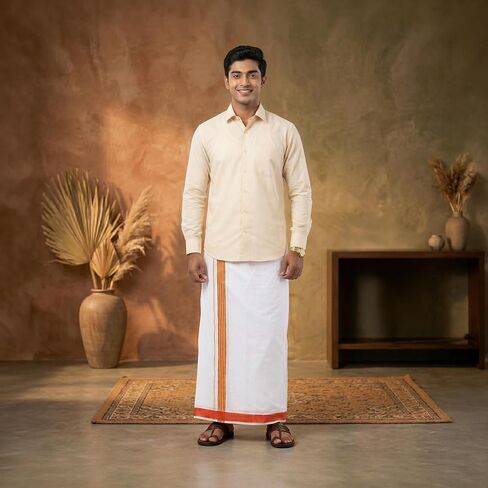 قطن Dhoti Vesti Mundu طبقة واحدة مع حدود لباس تقليدي للمناسبات الدينية وطقوس الزفاف والهدايا in Kuwait