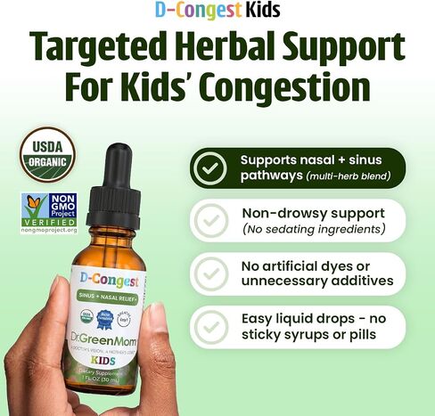 Dr. Green Mom D-Congest Kids - Organic Kids Sinus Support Drops | Drug-Free Herbal Supplement for Children's Stuffy Nose, Nasal & Respiratory Health | USDA Organic, Non-GMO in Saudi Arabia