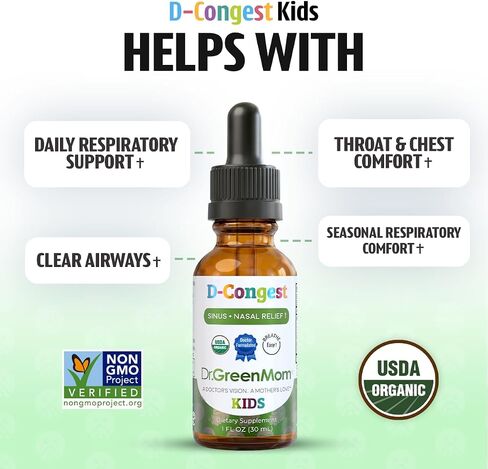 Dr. Green Mom D-Congest Kids - Organic Kids Sinus Support Drops | Drug-Free Herbal Supplement for Children's Stuffy Nose, Nasal & Respiratory Health | USDA Organic, Non-GMO in Saudi Arabia