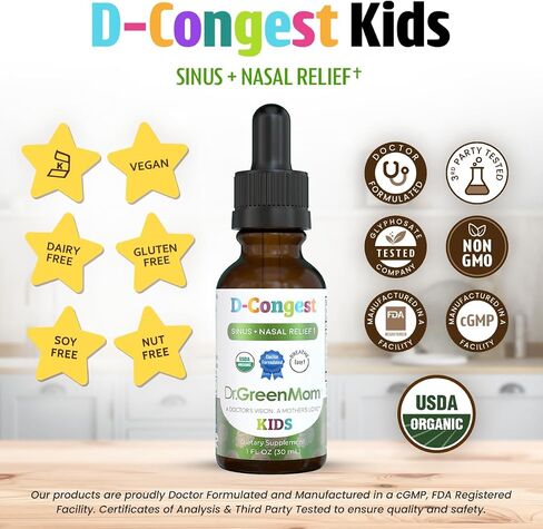 Dr. Green Mom D-Congest Kids - Organic Kids Sinus Support Drops | Drug-Free Herbal Supplement for Children's Stuffy Nose, Nasal & Respiratory Health | USDA Organic, Non-GMO in Saudi Arabia