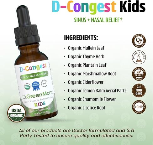 Dr. Green Mom D-Congest Kids - Organic Kids Sinus Support Drops | Drug-Free Herbal Supplement for Children's Stuffy Nose, Nasal & Respiratory Health | USDA Organic, Non-GMO in Saudi Arabia