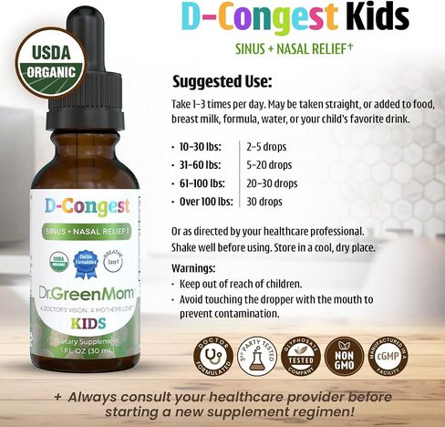 Dr. Green Mom D-Congest Kids - Organic Kids Sinus Support Drops | Drug-Free Herbal Supplement for Children's Stuffy Nose, Nasal & Respiratory Health | USDA Organic, Non-GMO in Saudi Arabia